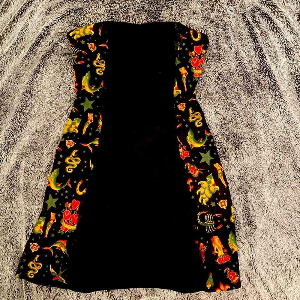 Black Strapless Dress with Tattoo Print